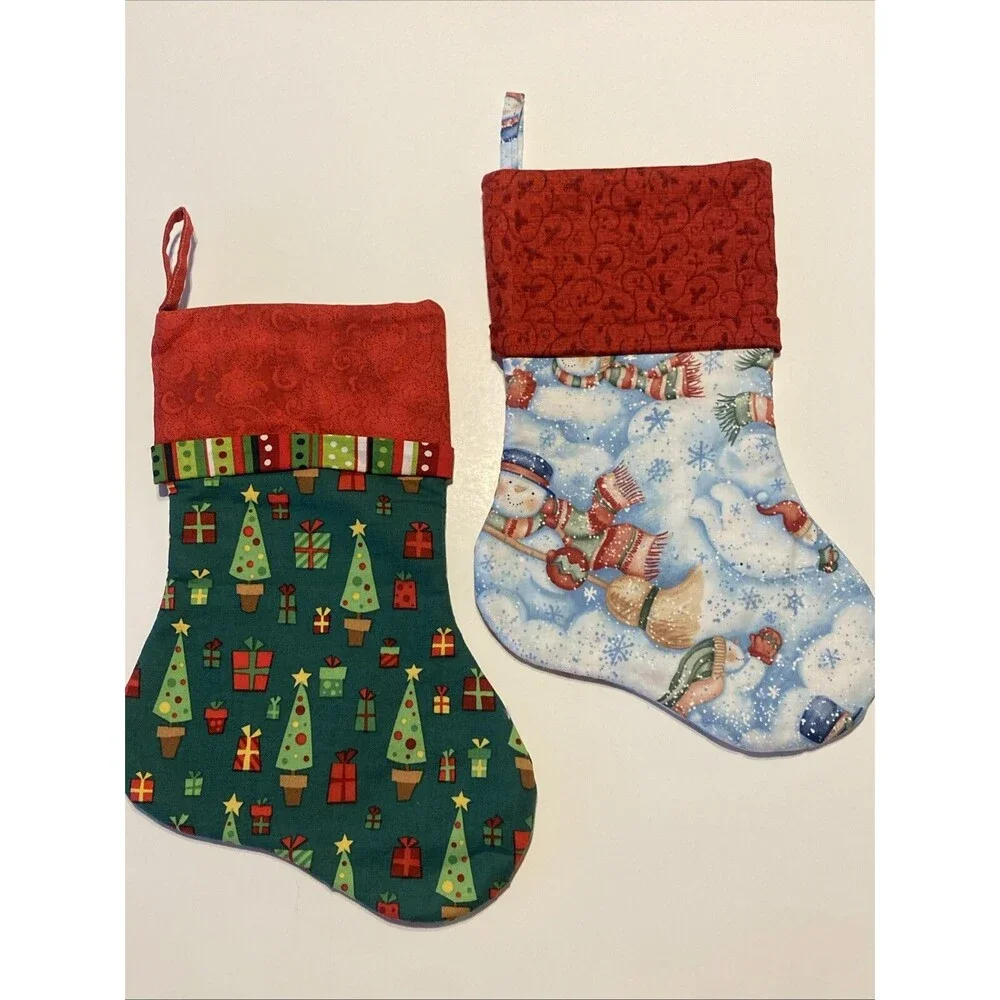 Handmade Christmas Stockings 12” Lot Of 2 Winter Snowman Trees Presents